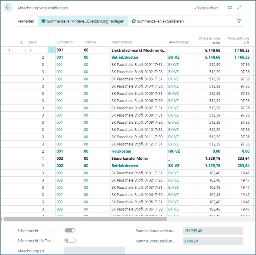Abrechnung Vorauszahlungen