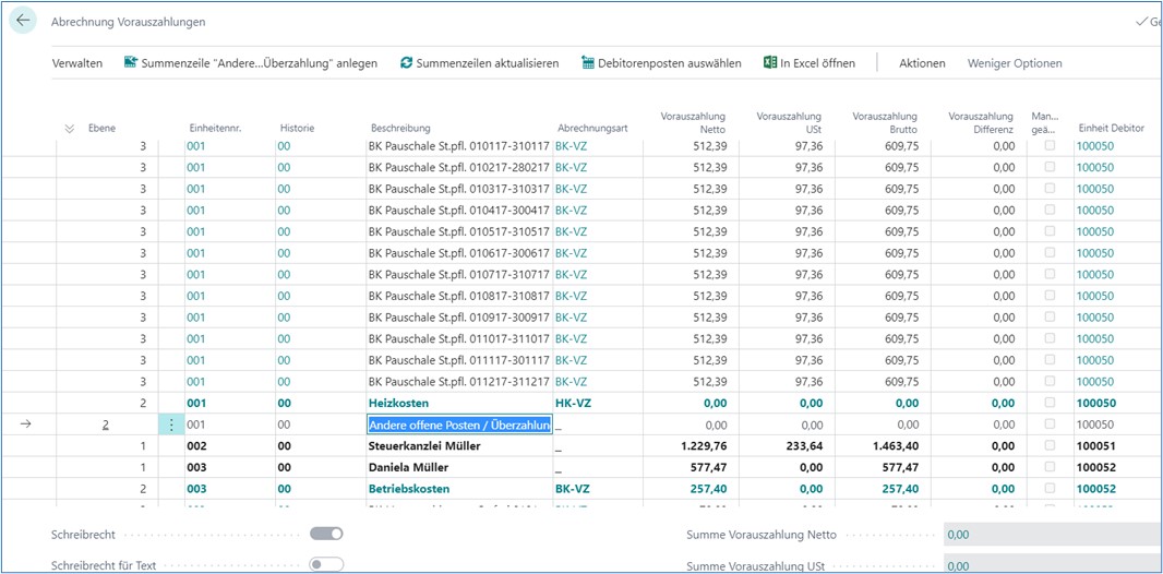 Abrechnung Vorauszahlungen