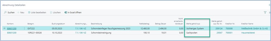 Abrechnung Dateilzeilen
