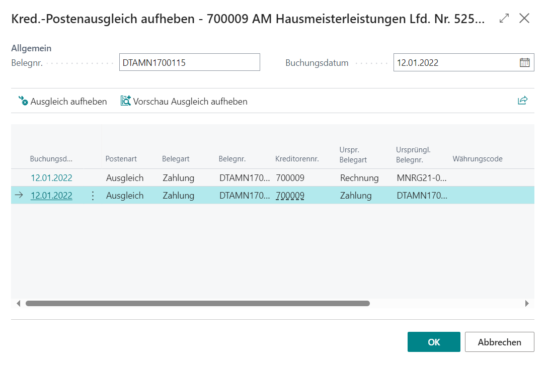 Kred. Postenausgleich aufheben