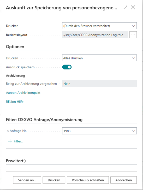 Auskunft Speicherung