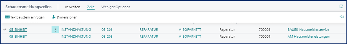 Schadensmeldungszeilen