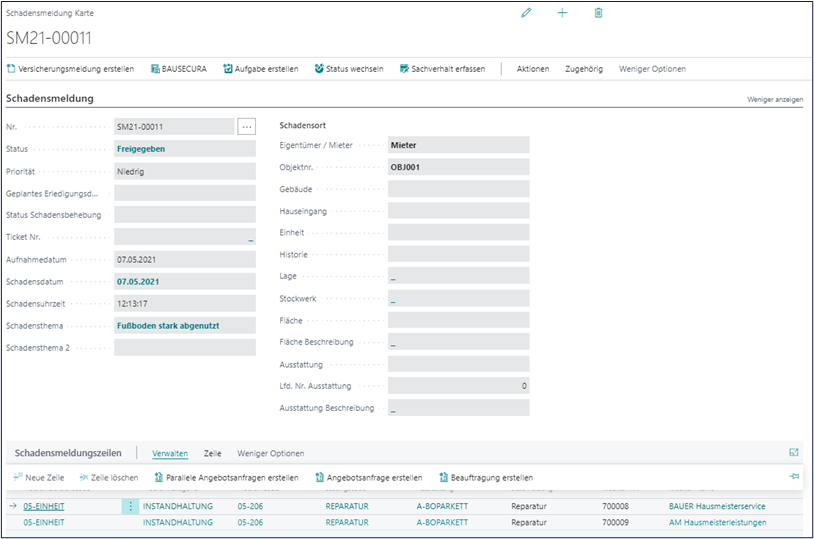 Schadensmeldungszeilen Anfrage