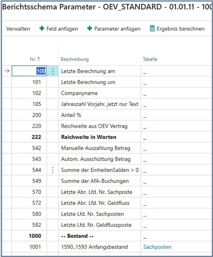 Berichtsschema Parameter