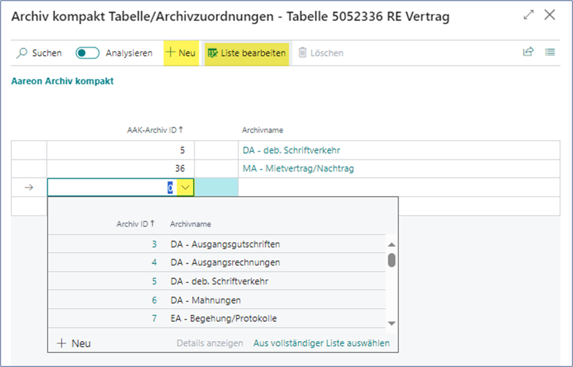 Tabelle/Archivzuordnung
