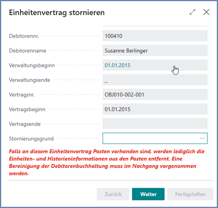Einheitenvertrag stornieren