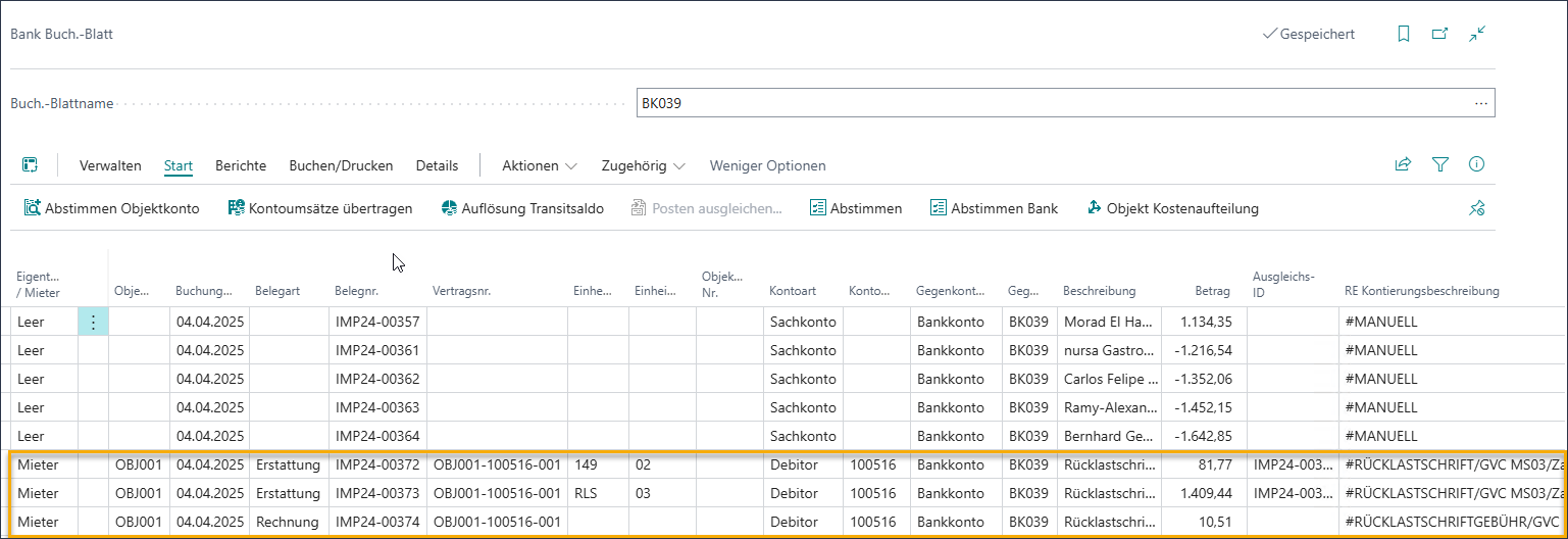 Rücklastschrift mit mehreren Einheiten