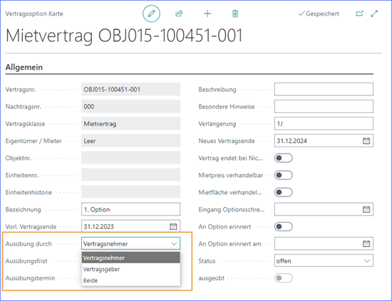 Vertragsoption Karte