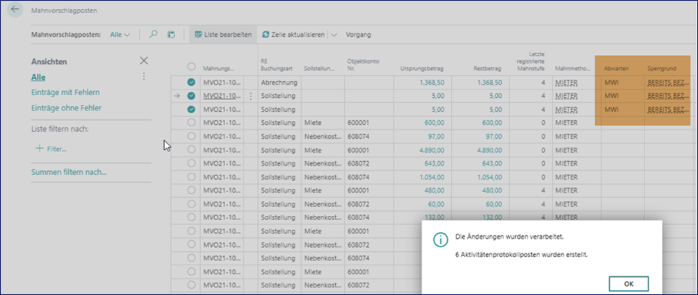 Mahnvorschlagsposten