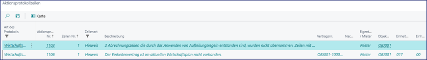 Aktionsprotokollzeilen
