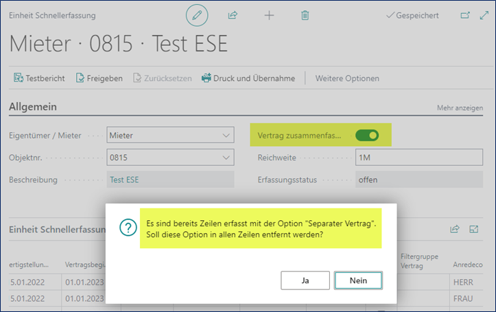 Einheit Schnellerfassung
