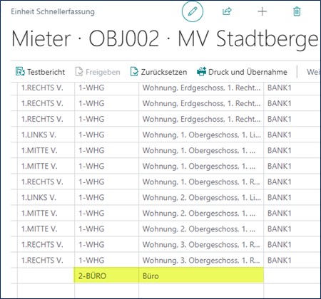 Einheit Schnellerfassung